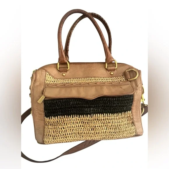 Rebecca Minkoff Straw & Leather Satchel Bag • Tan Black Raffia - Picture 1 of 7